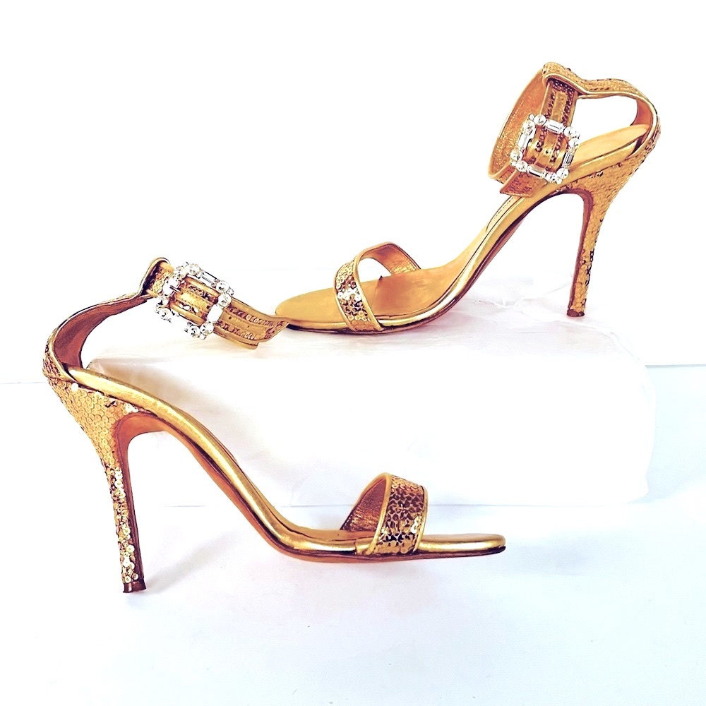 Manolo Blahnik gold sequin heels with crystal buckle 38